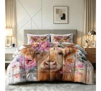 Bohemian Pastoral Coverless Duvet Single 7.5 Tog, Reversible Floral Animal Highland Cow Comforter - Soft Warm Summer Camping Blanket Washable Quilt, Bedding Set with Pillowcase 135 x 200 cm