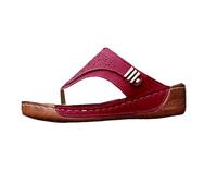 Bohemian Perforated Wedge Thong Sandals Decorative Flip Flops for Vacation Beach Outdoor Daily Use Comfortable Lightweight Flexible Durable Slip-on Open Toe Soft Sole Breathable Sturdy Red