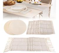 Bohemian Placemats Set of 6, Includes 6 Round Woven Placemat, 6 Cotton Linen Placemats, and 1 Macrame Table Runner with Tassel, Heat Resistant & Non-Slip Farmhouse Place Mats for Dining
