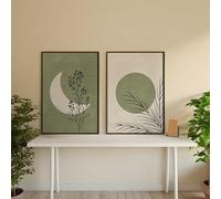Bohemian Plant Moon Sun Canvas Poster Green Beige Background Landscape Wall Art Print for Modern Living Room Home Decor(21x30cm(8x12in) x2/Inner frame)
