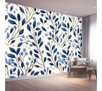 Bohemian Plants Leaves Photo Mural Wallpaper Navy Blue Photo Wallpaper 3D Effect, 350 x 256 cm Non-Woven Wall Mural Home Bedroom Living Room Tv Background Poster Decoration