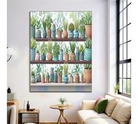 Bohemian Potted Plants Unframed Canvas Wall Art Hand-Painted Nature Painting Canvas Prints Poster Blue-Green Pictures For Living Room Bedroom Home Office Hallway Corridor Wall Decor 60X80Cm