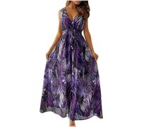 Bohemian Printed V-Neck Womens Long Dress, Summer Sleeveless Trendy Sundress, Tie Waist Elegant A-line Dress