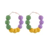 Bohemian Rattan Ball Hoop Earrings Purple Yellow Green Mardi Gras Hoop Earrings for Women Handmade Straw Wicker Raffia Circle Dangle Drop Earrings Carnival Parades Party Jewelry Gifts, Rattan, No