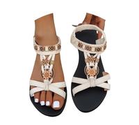 Bohemian Sandals for Womens Summer Orthopedic Floral Print Braided Flat Sandals Decorated with Beads Wide Fit Open Toe Sandal Shoes Lightweight Breathable Thong Sandal (C-Khaki, 3.5)