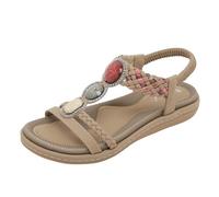 Bohemian Sandals UK Sale Clearance Open Toe Elastic Strappy Summer Beach Low Wedges Shoes Retro Leather Roman Garden Walking Shoes Soft Flat Feet Heel Pain Relief Orthotic Sliders Size 3.5-7 Khaki