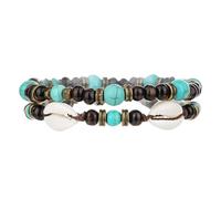 Bohemian Shell Turquoise Wooden Beaded Braided Rope Bracelet for Men 2PCS Handmade Adjustable Stacking Round Gemstone Beads Strand Elastic Stretch Wristband Tribal Boho Jewelry for Husband Son Brother