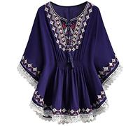 Bohemian Shirt for Older Women Boho Linen Floral Tunic Embroidered Short Sleeve Loose Fit Blouses Ruffle Indian Long Sleeve Clothing Gauze Boho Peasant Tops Ladies Bohemian Style Blue