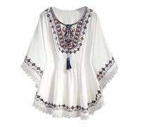 Bohemian Shirt for Older Women Boho Linen Floral Tunic Embroidered Short Sleeve Loose Fit Blouses Ruffle Indian Long Sleeve Clothing Gauze Boho Peasant Tops Ladies Bohemian Style White