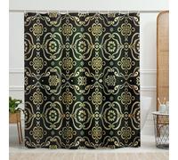 Bohemian Shower Curtain, Dark Green Gold Flower Shower Curtain for Bathroom Decor, Spring Festival Vintage Waterproof Fabric Shower Curtain Set with Hooks 72x72 Inch