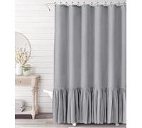 Bohemian Shower Curtain, Ruffled Linen-Textured, Lace-Trimmed, Cotton-Linen Waterproof Bathroom Partition Curtain