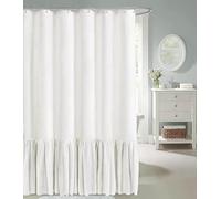 Bohemian Shower Curtain, Ruffled Linen-Textured, Lace-Trimmed, Cotton-Linen Waterproof Bathroom Partition Curtain