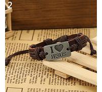 Bohemian Simple Bracelet Summer Party Gift, Vintage Unisex Faux Leather Bracelet Alloy I Love Jesus Letters Decor Rope Bangle - Brown 17 cm