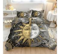 Bohemian Single Duvet Cover Set with Hidden Zipper - Sun Moon Celestial Faces Design Bedding Set with 1 (135x200cm) Cover + 2 Pillow Cases - Wrinkle-Resistant & Lightweight, Black White Gold