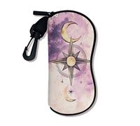Bohemian Soft Glasses Case, Vintage Compass Moon Stars Design Safety Sunglasses Cases With Zipper Hook Up, Portable Storage, Violet, 3x7 Inch