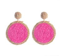 Bohemian Statement Round Earrings for Women Handwoven Summer Beach Earrings Boho Raffia Drop Dangle Hawaiian Beach Charm Jewelry (Pink)