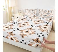 Bohemian Style Bed Sheet Single Size Aztec Geometry Bedding Set Exotic Tribal Ethnic Rustic Fitted Sheet Adults Room Decor White Brown Soft Sheets with 1 Pillowcase,No Top Flat