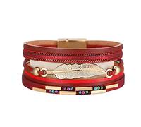 Bohemian Style Magnetic Clasp Leaf Bracelet Colourful Braided Multilayer Leather Strap Delicate Bracelet, one size, PU leather and alloy, No Gemstone