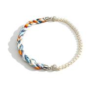 Bohemian Style Pearl and Silk Choker Necklace Multi-Color Braided Scarf Accessory for Women Elegant Versatile Gift, M, Polyester, No Gemstone