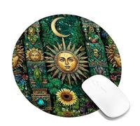Bohemian Sun and Moon Desk Mouse Pad, Green Floral Design Non-Slip Washable Mousepad for Home and Office Computer, Laptop Round 8x8 Inch