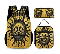 Bohemian Sun Backpack 3 Piece Set for Children Age 11, Sun God Bookbag with Lunch Tote and Pencil Case Year 4-6 for Young Learners School Season Study Supplies and Weekend Trips