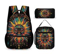 Bohemian Sun Backpack with Lunch Box Pencil Case for Kids Age 8, Sun God School Backpack 3 Piece Set Year 1-2 for Boys Outdoor Learning Family Trips and Weekend Adventures