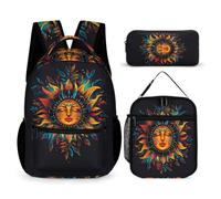 Bohemian Sun School Backpack 3 Piece Set for Kids Age 11, Sun God Book Pack 3 Piece Set Year 5 for Young Learners Weekend Adventures Sports Practice and Family Travel