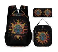 Bohemian Sun School Bag with Lunch Box Pencil Case for Kids 10-12 Years, Sun God School Bag 3 Piece Set Year 5 for Girls Outdoor Learning Family Trips and Weekend Adventures