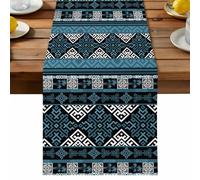 Bohemian Texture Table Runner, Abstract Blue Geometric National Ethnic Tribal Cotton and Table Linen Runner for Kitchen Dining Home Decor for Party Festival Holiday Decoration Gift 13x70in