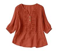 Bohemian Tops for Women UK 3/4 Sleeve Linen Tops for Women UK Cotton Boho Embroidery Jacquard Tunic Top Summer Dressy Casual Elegant Button V Neck Peasant Blouses Retro Elbow Length T Shirts Orange