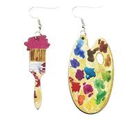 Bohemian Vintage Big Wooden Artist Double-sided Printing Paint Brush Dangle Drop Earrings Paint Palette Charm Earrings Colorful Painter Jewelry for Women Artist Gift Art Teacher Gifts, 74 mm, Wood