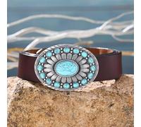 Bohemian Vintage Oval Belt Buckle - Retro Western Statement Accessory with Turquoise Accents, Unique Automatic Buckle for Men & Women