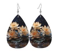Bohemian White Lotus Pattern leather earrings | Water drop-shaped printed earrings, suitable for daily/party/dating scenes