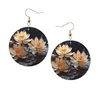 Bohemian White Lotus Print Leather Earrings Trendy Round Drop Earrings, Lightweight Dangle Jewellery for Women