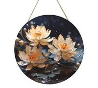 Bohemian White Lotus Round Wood Panel Painting 12in. Exquisite Artwork, Environmentally Friendly Wood, an Elegant Choice for Home Decoration.