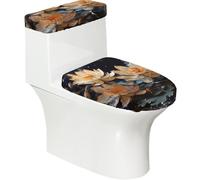 Bohemian White Lotus Toilet Lid Cover Set - Elastic Smooth Polyester Material Dustproof and Easy to Clean Durable