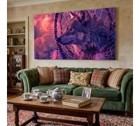 Bohemian Wolf Canvas Wall Art Framed Dreamcatcher Wolf Artwork Mystic Bead Wall Decor for Bedroom, Living Room Hallway or Entryway Home Decoration with Hooks Nails 80x120 cm