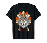 Bohemian Wolf Portrait Native American Feather Wildlife Art T-Shirt