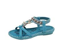 Bohemian Women's Flat Sandals, Elastic Ankle Strap Beaded Thong Sandals, Summer Casual Beach Shoes with Rhinestone Detail,peacock green,36