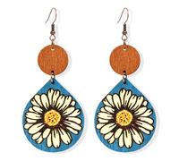 Bohemian Wooden Ethnic Flower Sunflower Lightweight Dangle Drop Western Style Vintage Double Sided Printed Earrings For Women, 0, Wood, No Gemstone