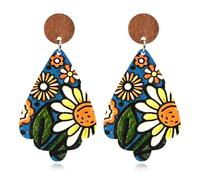 Bohemian Wooden Ethnic Flower Sunflower Lightweight Dangle Drop Western Style Vintage Double Sided Printed Earrings For Women, 0, Wood, No Gemstone