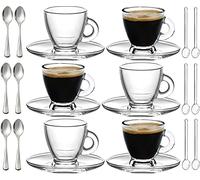 BOHEM'S Espresso Cups, 3.2 oz Small Demitasse Clear Glass Espresso Drinkware, Set Of Cups, Saucers and Stainless Steel mini Spoons + Free Glass Spoons (Set of 6)
