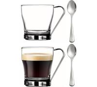 BOHEM'S Glass Tea Cups With Stainless Steel Handle, 7 Oz Clear Coffee Mugs, Set of 2 (Cups and Spoons), Tea Glasses for hot and cold beverages, Espresso, Cappuccino (clear)