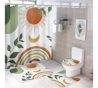 Boho 4 PCS, Spring Summer Green Leaf Sun 4 Piece Bathroom Sets with Hooks, Non-Slip Rugs Bath Mat Toilet Cover U Shaped Mat, 72x72 in