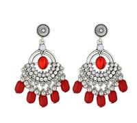 Boho Acrylic Beaded Tassel Dangle Chandellier Statement Nepal Ethnic Earrings for Women Indian Bollywood Disc Stud Cubic Zirconia Bohemian Vintage Traditional Wedding Holiday Jewelry, One Size, Metal