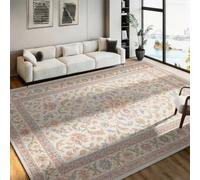 Boho Area Rug 180x230cm Cream Blue Floral Medallion Carpet | Vintage medallion rug with soft faded tones and non-shedding flatweave, ideal for busy homes