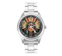 Boho Aztec Ethnic Navajo Tribal Quartz Watch Stainless Steel Wrist Watches for Men Women Easy to Read