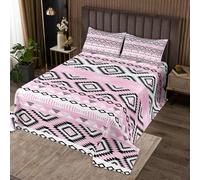 Boho Aztec Quilt Set for Kids Boys Girls,Bohemian Geometric Grid Bedspread,Exotic Tribal Style Bed Cover Black Pink Bedding Set Decorative Quilted Coverlet,Double Size