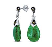 Boho Bali Marcasite Accent Pear Shaped Gemstone Chandelier Dangle Teardrop Genuine Green Jade Drop Earrings For Women Two Tone Oxidized .925 Sterling Silver