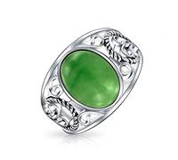 Boho Bali Oval Cabochon Dyed Green Jade Rope Scroll Filigree Statement Band Ring For Women .925 Sterling Silver August Birthstone